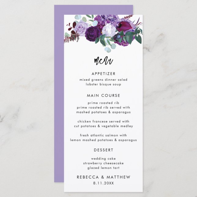 Menu Janto Casamento de Script de Aquarela Floral Roxo (Frente/Verso)