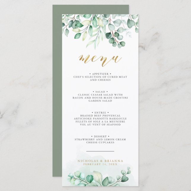 Menu Janto Casamento Dourado Eucalyptus Greenery Waterc (Frente/Verso)
