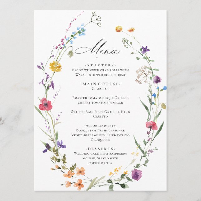 Menu Janto Casamento Elegante Watercolor Flores Selvage (Frente)