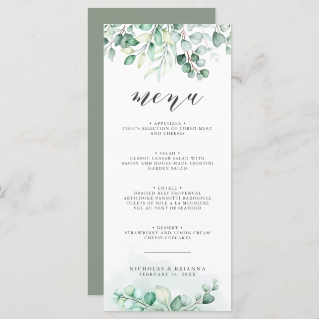 Menu Janto Casamento Eucalyptus Greenery Watercolor (Frente/Verso)