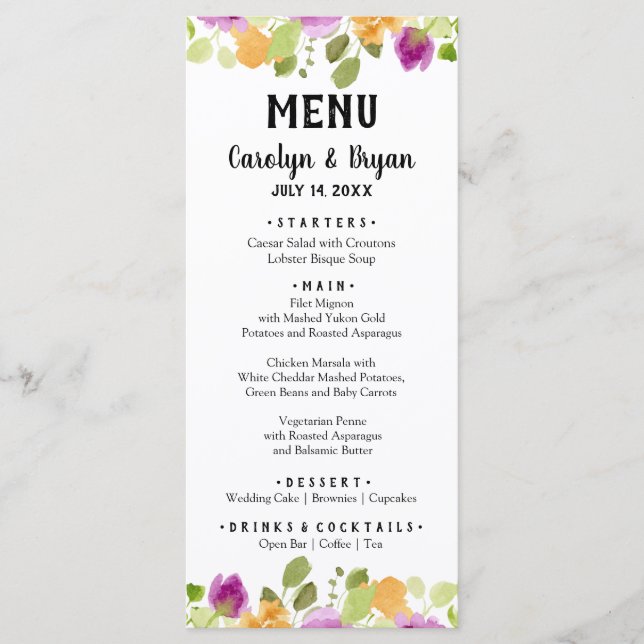 Menu Janto Casamento Floral de Watercolor (Frente)