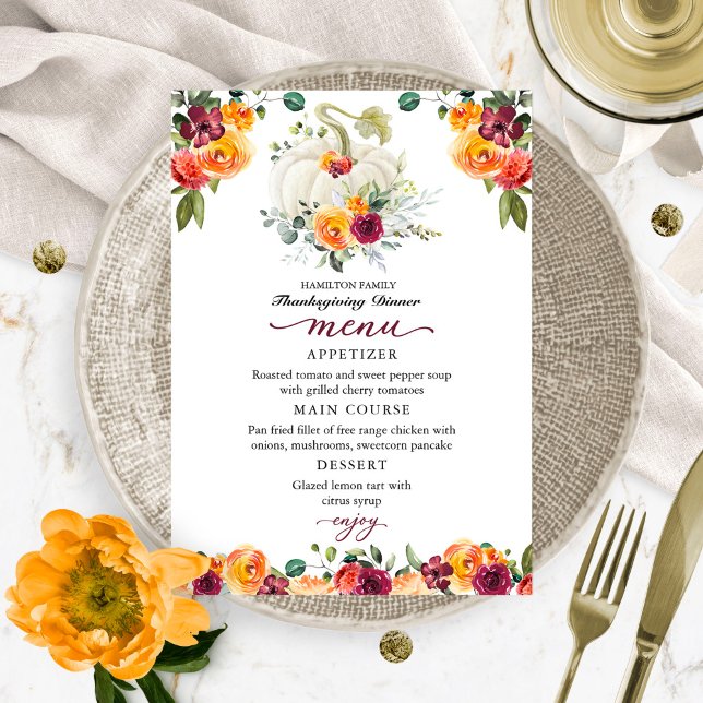Menu Janto de Ação de Graças da Burgundy Floral Pu (Criador carregado)