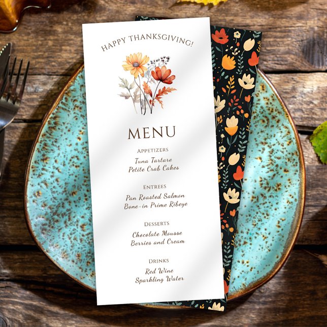 Menu Janto de Ação de Graças Elegante Queda da Rústica  (Floral Elegant Thanksgiving Dinner Menu)