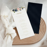 Menu Janto de Caligrafia Dourada Floral marinho Blush<br><div class="desc">Este cartão de janto de caligrafia em ouro floral com marinho é perfeito para um casamento rústico. A design apresenta belas flores azuis escuras pintadas manualmente, azuis, marinhos, rosa, pinceladas, douradas e folhagem verde. Este menu pode ser usado para recepção de casamento, janto de ensaio, chá de panela ou qualquer...</div>