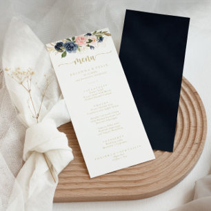 Menu Janto de Caligrafia Dourada Floral marinho Blush