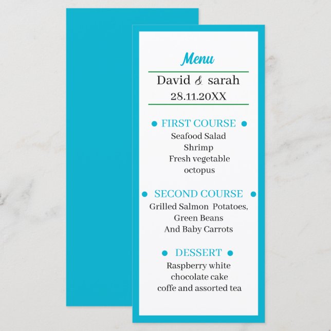 Menu Janto de Casamento Azul Simples Personalizado (Frente/Verso)