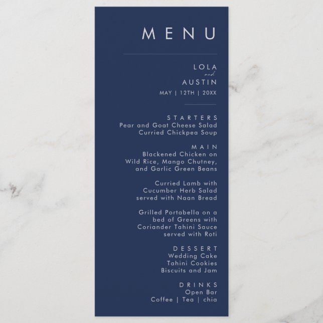 Menu Janto de Casamento Blue Silver Marinho Minimalista (Frente)
