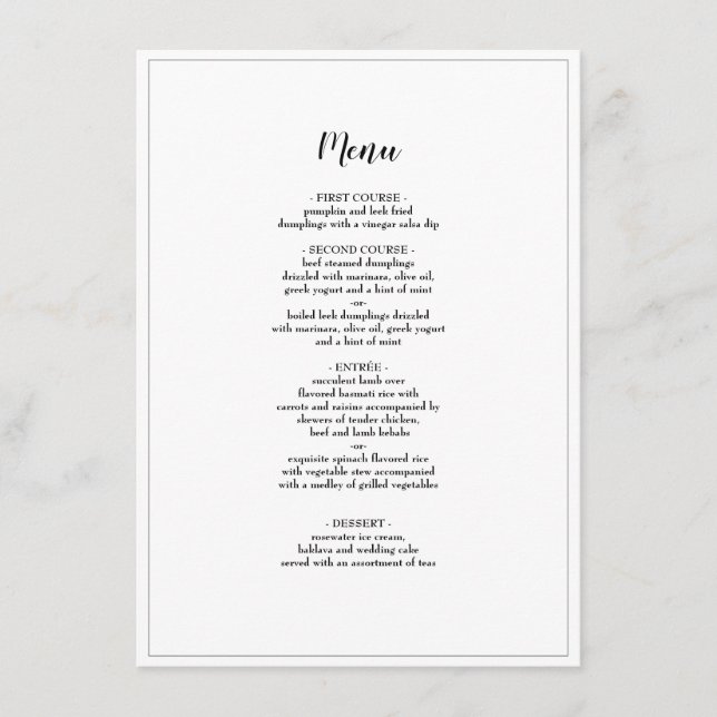 Menu Janto de Casamento Bordado do Script Elegante (Frente)