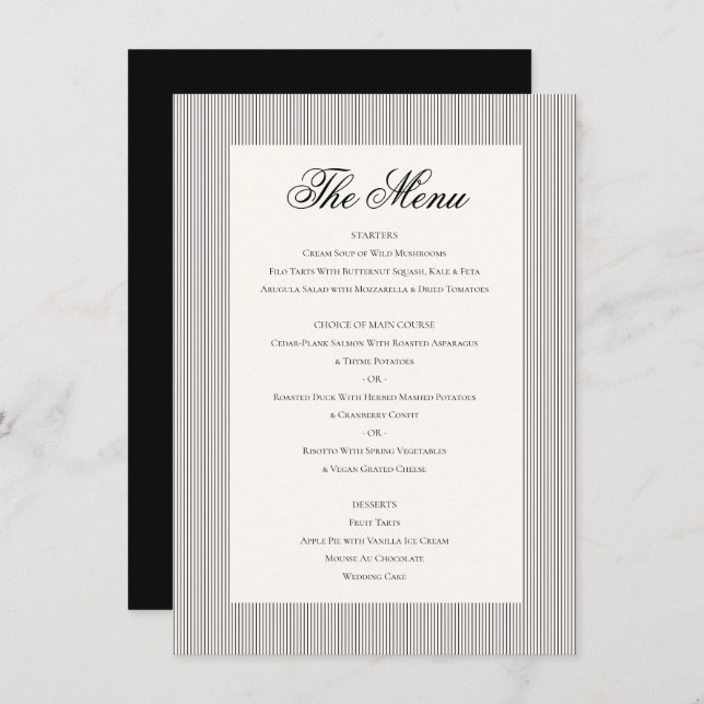 Menu Janto de Casamento Branca de Creme Negra Clássica  (Frente/Verso)