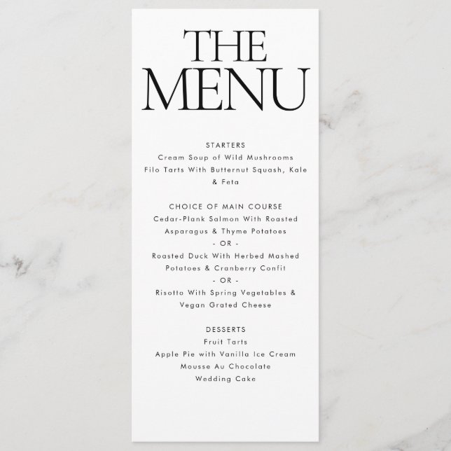 Menu Janto de Casamento Branco Negro Moderno Elegante (Frente)