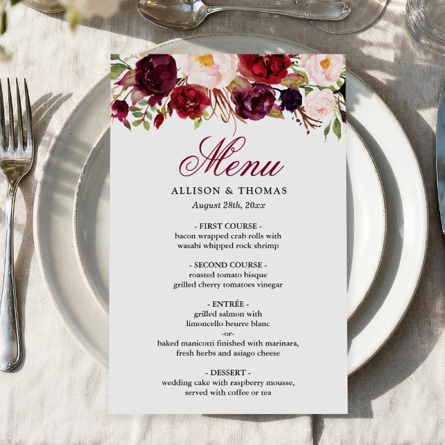 Menu Janto de Casamento Chic Floral Blush Red Burg (Criador carregado)