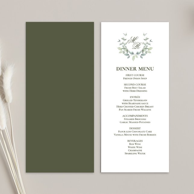 Menu Janto de Casamento Clássico de Script Verde-O (Elegant green motif wedding menu card template)
