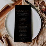Menu Janto de Casamento Clássico Dourado Negro<br><div class="desc">Este cartão de janto clássico de ouro negro é perfeito para um casamento moderno. O design simples e elegante apresenta a tipografia de script clássico e de rico em ouro queimado. Este menu pode ser usado para recepção de casamento,  janto de ensaio,  chá de panela ou qualquer evento.</div>