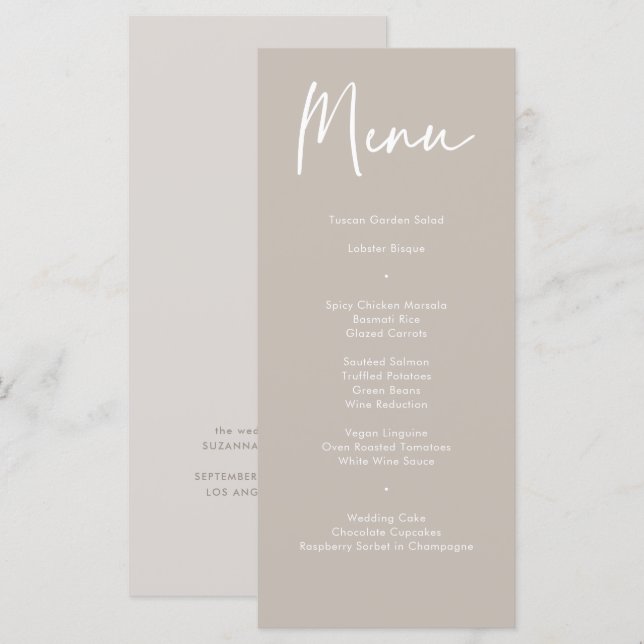 Menu Janto de Casamento da Caligrafia Moderna Taup (Frente/Verso)