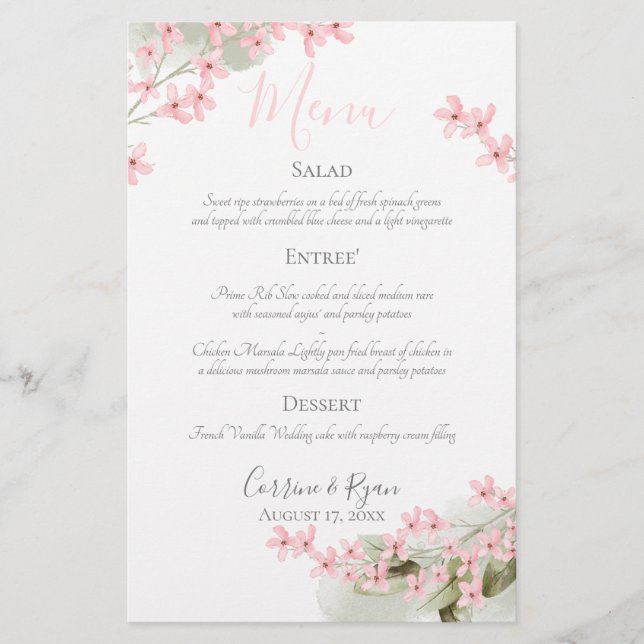Menu Janto de Casamento de Blossomas Rosa (Frente)