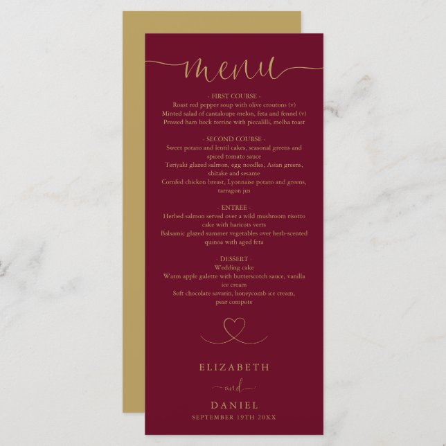 Menu Janto De Casamento De Burgundy E Dourado Script He (Frente/Verso)