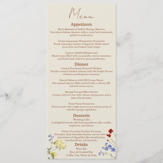 Menu Janto de Casamento de Flores Selvagens (Frente)