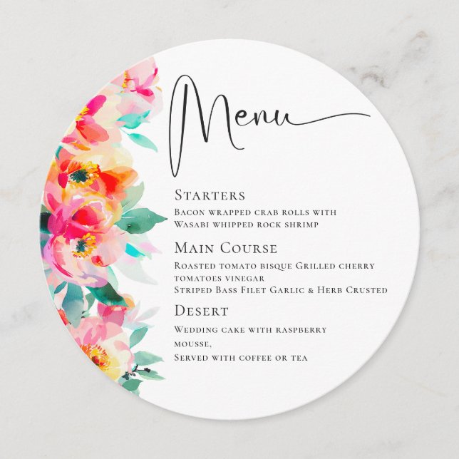 Menu Janto de Casamento de Flores Selvagens de Aquarela (Frente)