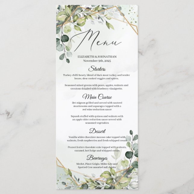 Menu Janto de Casamento de Frame Dourado Eucalyptus Gre (Frente)