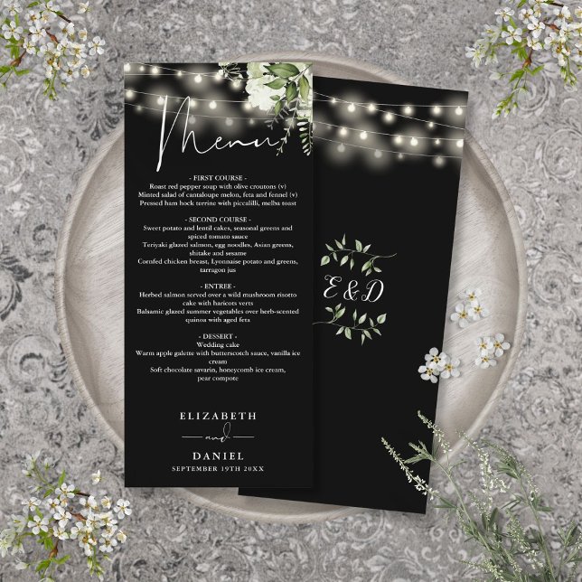 Menu Janto De Casamento De Luzes Florais Pretas E Branc (Black And White Floral Lights Wedding Dinner Menu)