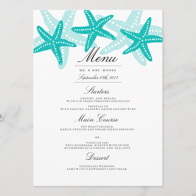 Menu Janto de Casamento de Praia de Teal Starfish (Frente)