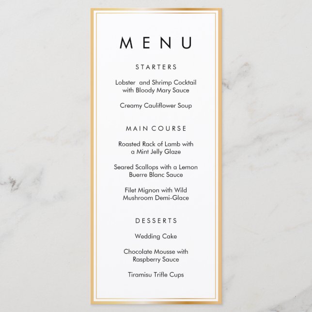 Menu Janto de Casamento de Quadro Branco Dourado Elegan (Frente)