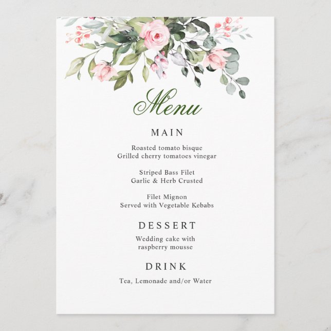 Menu Janto de Casamento de Rosas Blush Eucalyptus  (Frente)