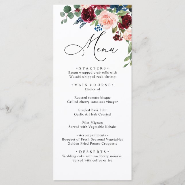 Menu Janto de Casamento de Rosas Marinhos Blush Burgund (Frente)