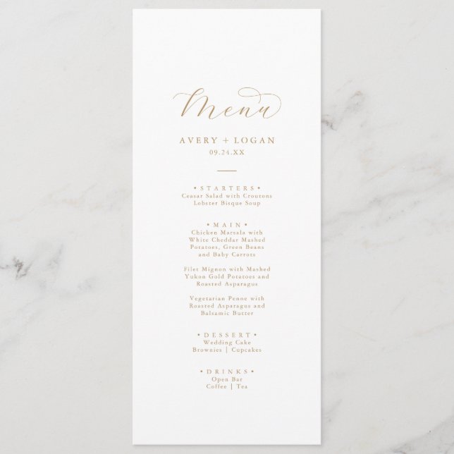 Menu Janto de Casamento de Script Dourado Elegante (Frente)