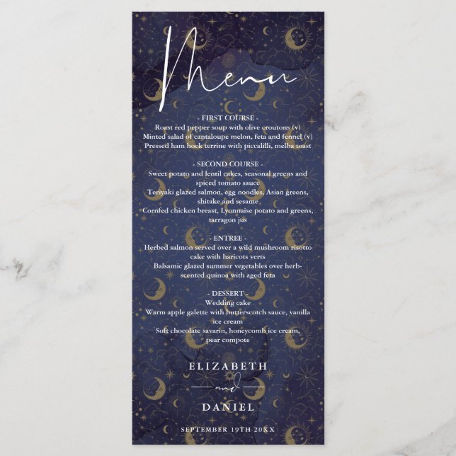 Menu Janto de Casamento de Script Elegante Místico Cele (Frente)