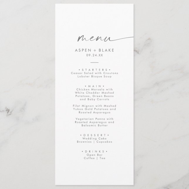 Menu Janto de Casamento de Script Moderno Silver (Frente)