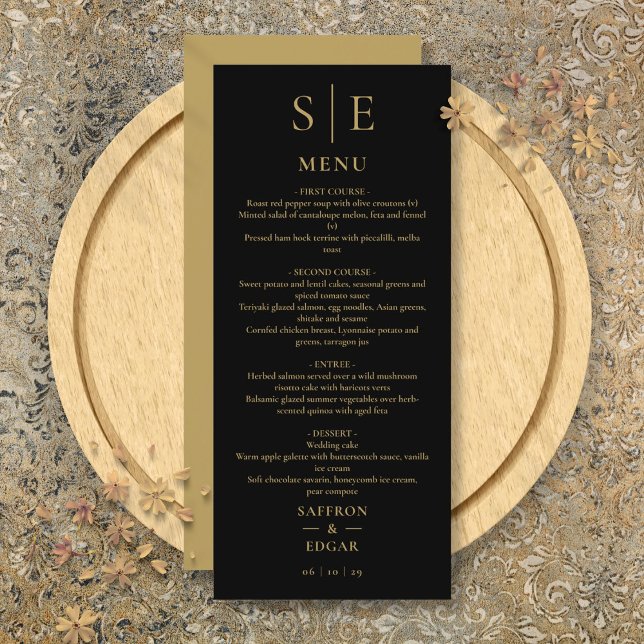 Menu Janto De Casamento Do Monograma Dourado E Preto El (Elegant Black And Gold Monogram Wedding Dinner Menu)