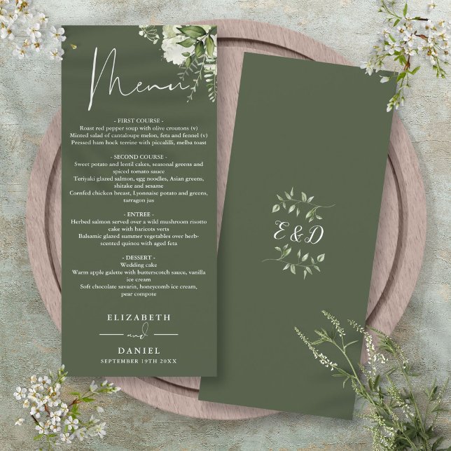 Menu Janto de Casamento do Monograma Floral Verde-Oliva (Olive Green Floral Monogram Wedding Dinner Menu)