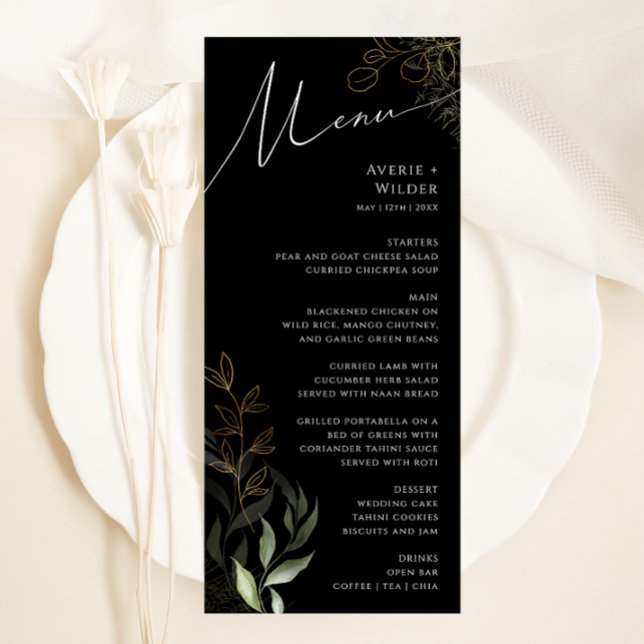 Menu Janto de Casamento Dourado e Preto com Verde Whims (Criador carregado)