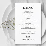 Menu Janto de Casamento Elegante Simples de Orçame<br><div class="desc">Um cartão de menu de janto apresenta o menu em letra chic. Barato 110 lb. papel mede 5, 5" x 8, 5". Perfeito para uma recepção de casamento moderna, janto de ensaio de casamento, festa de aniversário ou qualquer evento especial com um janto sentado. MAIS CORES, tamanhos, papéis e preços...</div>