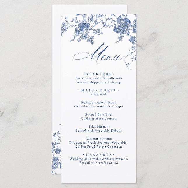 Menu Janto de Casamento Floral Azul Victoriano Elegante (Frente/Verso)