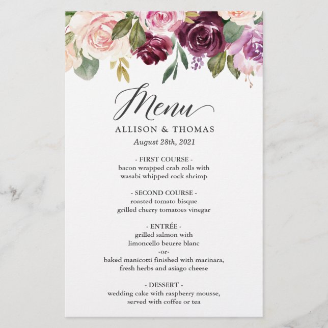 Menu Janto de Casamento Floral com Blush Roxo Plum (Frente)