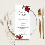 Menu Janto de Casamento Floral de marinho e Borgonha<br><div class="desc">Cartão de menu de janto floral elegante com cor d'água ilustrando as flores de pénia marinho e burgundy com verde.</div>