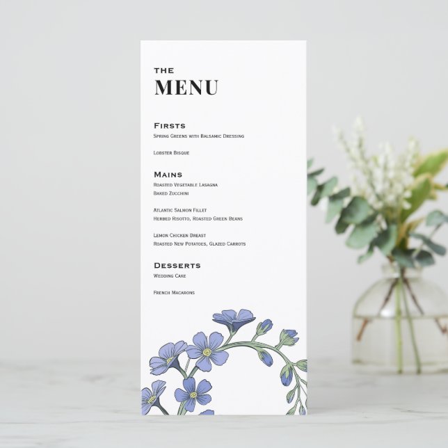 Menu Janto de Casamento Floral Moderno Periwinkle Blue (Em pé/Frente)