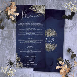 Menu Janto de Casamento Gótico Floral de Rosas Azuis da<br><div class="desc">Este elegante menu de casamento gótico floral preto e dourado pode ser personalizado com suas informações em tipografia quic com suas iniciais de monograma no verso. Projetado por Thisnotme©</div>