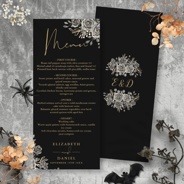 Menu Janto De Casamento Gótico Floral De Rosas Pretos E (Black And Gold Roses Floral Gothic Wedding Dinner Menu)