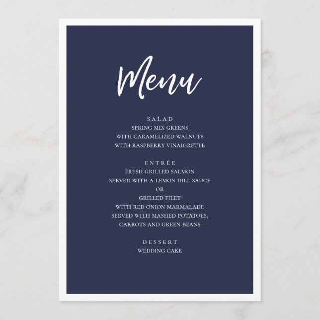 Menu janto de casamento moderno marinho. Azul minimalis (Frente)
