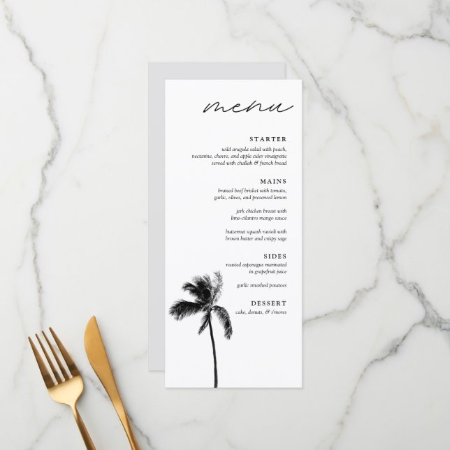 Menu Janto de Casamento Moderno Preto e Branco da Palm  (Frente/Verso In Situ)