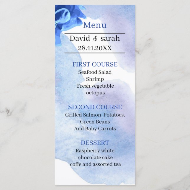 Menu Janto de Casamento Personalizado de Flor Azul Eleg (Frente)