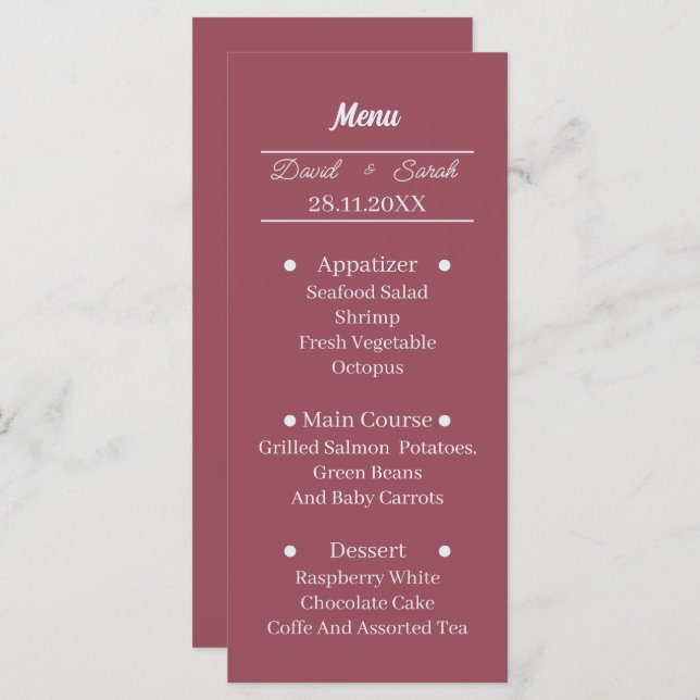 Menu Janto de Casamento Personalizado de Maroon Simples (Frente/Verso)