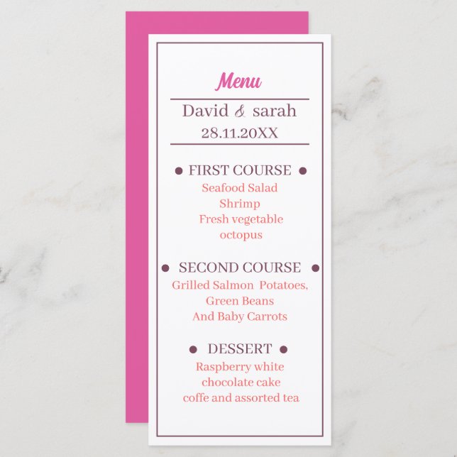 Menu Janto de Casamento Personalizado de Rosa leve Simp (Frente/Verso)