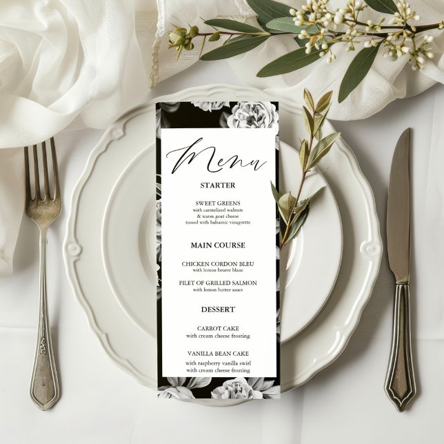 Menu Janto de Casamento Personalizado Floral Preto e Br (Criador carregado)