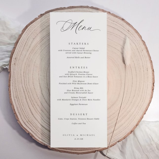 Menu Janto de Casamento Preto e Branco da Tipografia El (Elegant wedding dinner menu cards. Modern romantic typography / calligraphy. Centered text.)