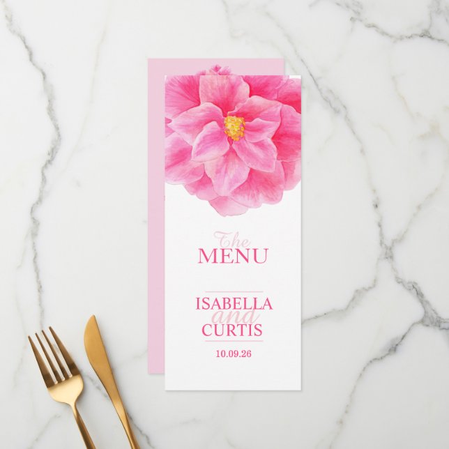 Menu janto de casamento rosa da Camellia (Frente/Verso In Situ)