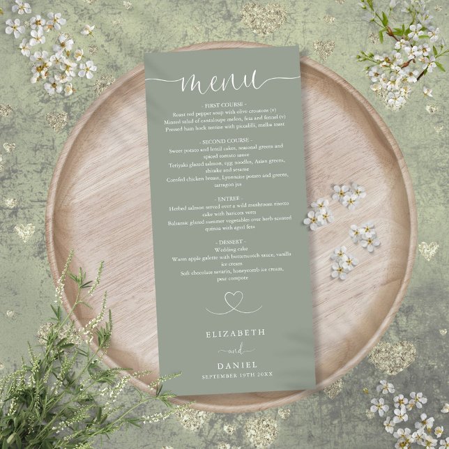 Menu Janto de Casamento Sage Green Heart Script (Sage Green Heart Script Wedding Dinner Menu)